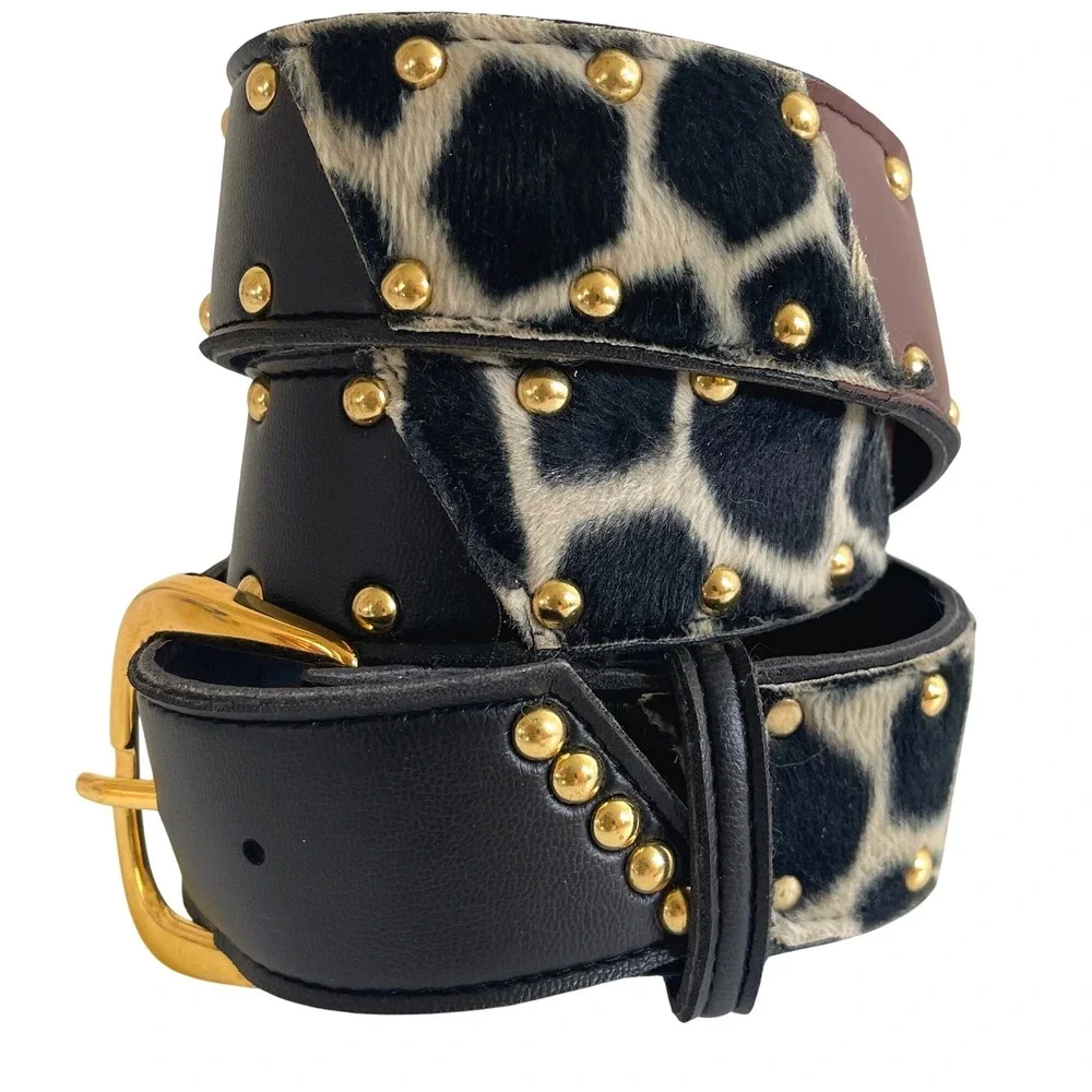 Vintage Animal Print Studded Patchwork Belt Women L Multicolor Leopard Giraffe